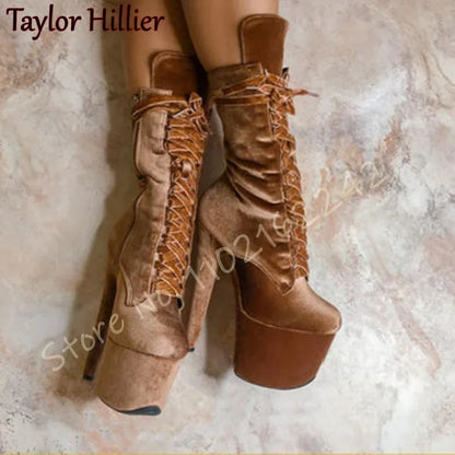 Velvet Super High Heel Ankle Boots Sexy Side Zipper Lace-Up Nightclub Thick-Soled Ankle Boots Elegant Catwalk Pole Dance Boots