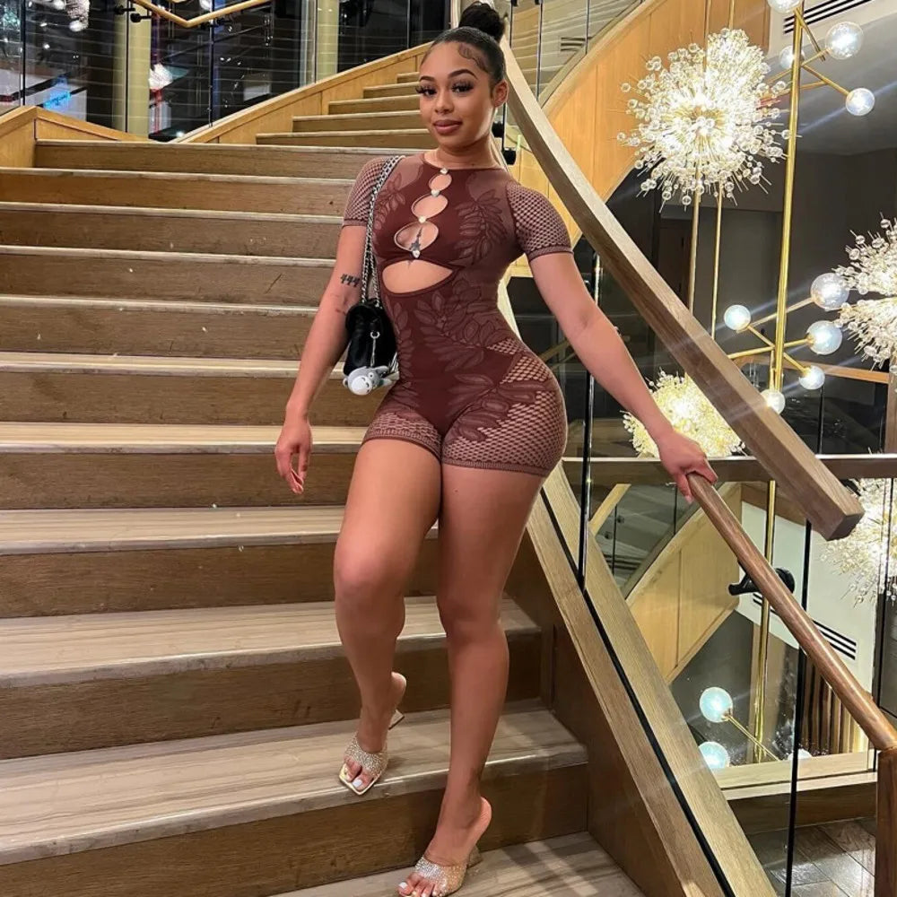 Sexy Club Women Hollow Out Style Rompers Playsuits Bodysuit Short Sleeve Streetwear Overalls Top Suit Summer Autumn Jumpsuit