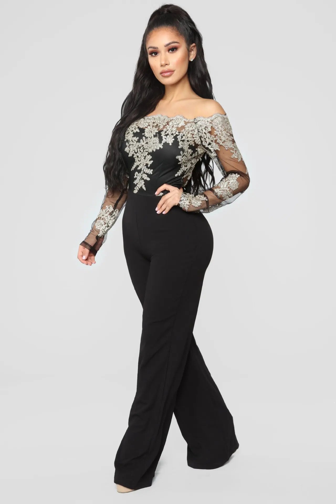 Womens Elegant Off Shoulder Long Pants Wide Leg Jumpsuits Floral Embroidery Lace See Through Cocktail Club Party Evening Rompers