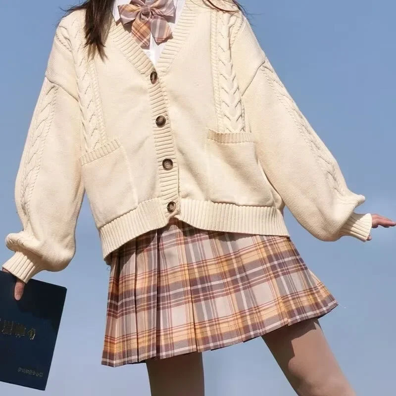 School Autumn Winter Lazy Style Japanese JK Knit Cardigan Loose College Sweater Plaid Skirt Matching Set For Campus Daily Class