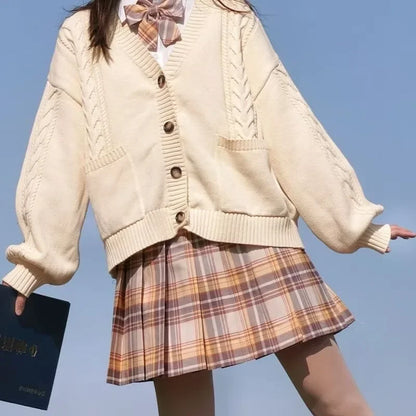 School Autumn Winter Lazy Style Japanese JK Knit Cardigan Loose College Sweater Plaid Skirt Matching Set For Campus Daily Class