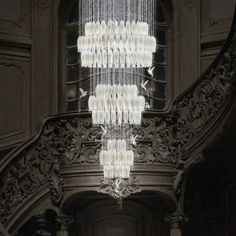 Luxury Crystal Staircase Chandelier for Stairsway Loft Ceramic Flowers Ceiling Chandelier for High Ceiling Villa Hotel Lobby