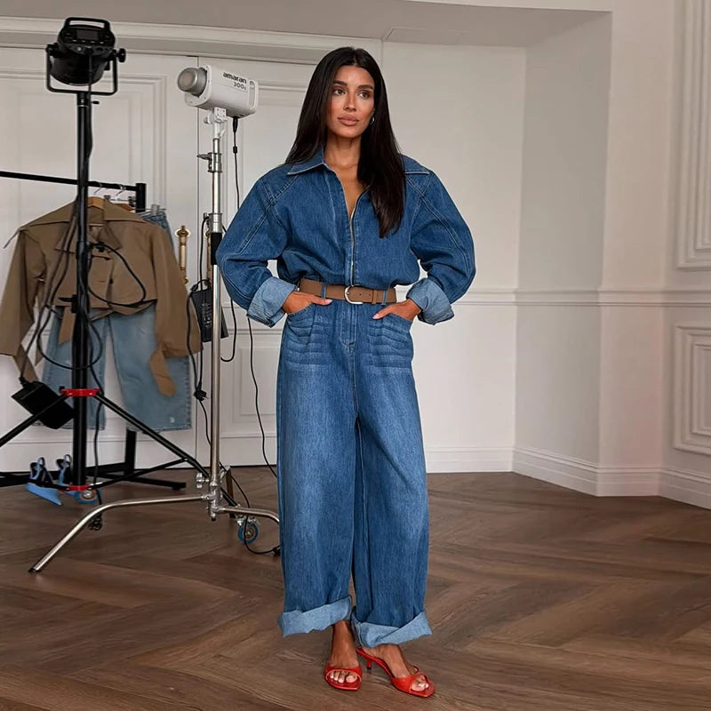 Casual Denim Long Jumpsuits Women Lapel Long Sleeves Zipper Belts Loose Pants Bodysuits Female 2026 Autumn New Chic Streetwears