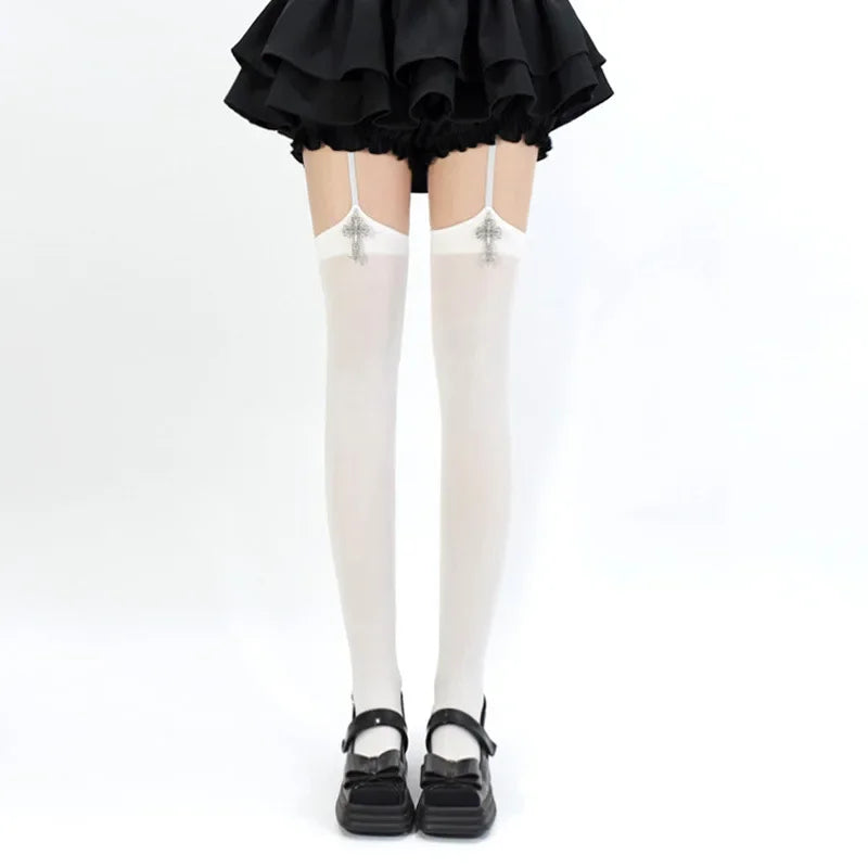 Personality Cross Decoration Women Suspender Socks Solid Color Thin Thigh High Lolita Anime Cosplay Gothic Over Knee Stockings