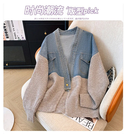 Fat mm200 Pounds Vintage Denim Patchwork Sweater Coat ins Fashion Woman 2024 Autumn and Winter Thickened Loose Niche Cardigan