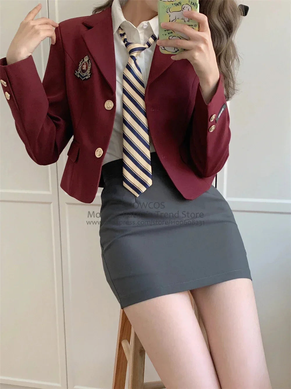 Korean Style Girls JK Uniform Suit Daily Red Blazer Coat Sexy Slim JK Wrap Buttock Skirt Women Preppy Summer School Uniform Suit