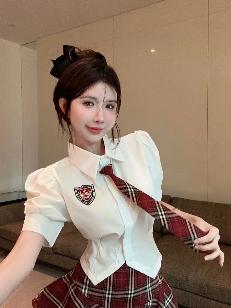 2025 improved cute sexy korea jk suit women autumn jk school uniform women shirt plaid pleated half skirt fashion two-piece set