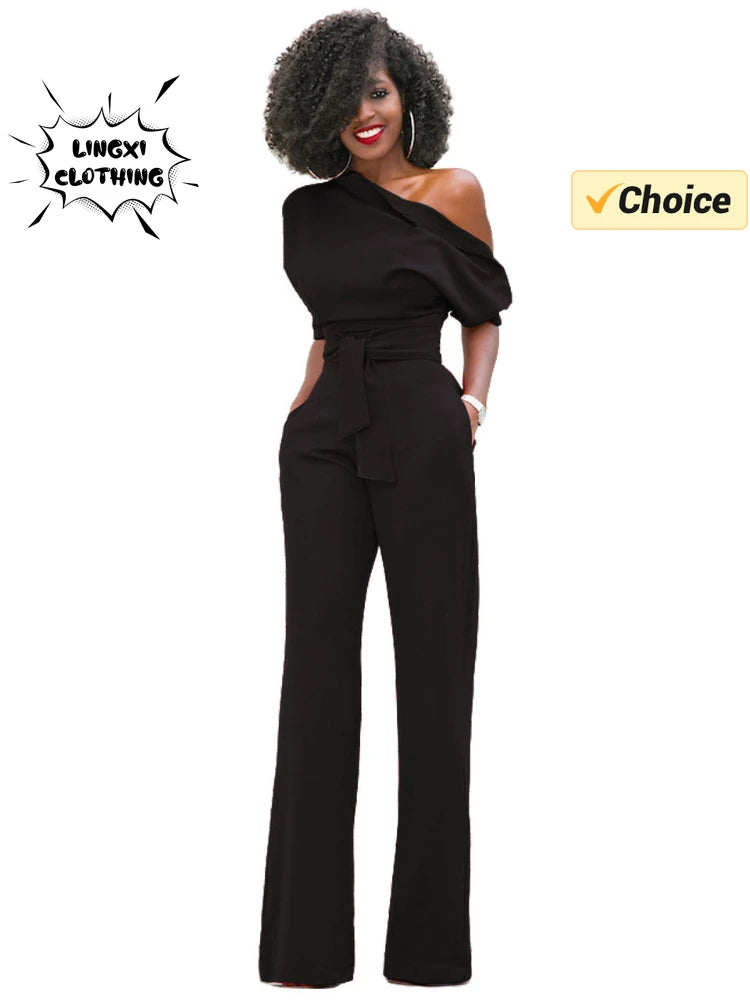 2024 Summer New Fashion Women's Jumpsuit Solid Color Slanted Shoulder Elegant Temperament Sleeveless Long Wide Leg Jumpsuit