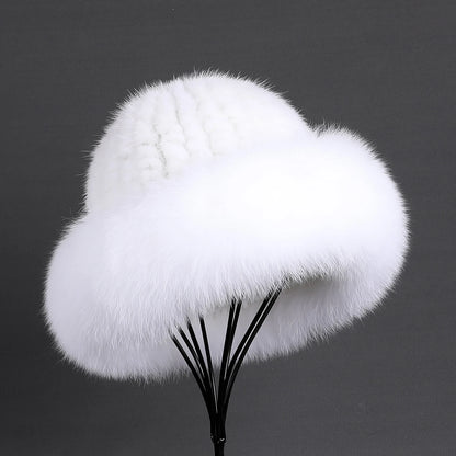 Women's Winter Warm Genuine Premuim Mink Fur Knitted Bucket Hat Furry Real Fur Caps Big Fox Fur Trim Brim Adjustable