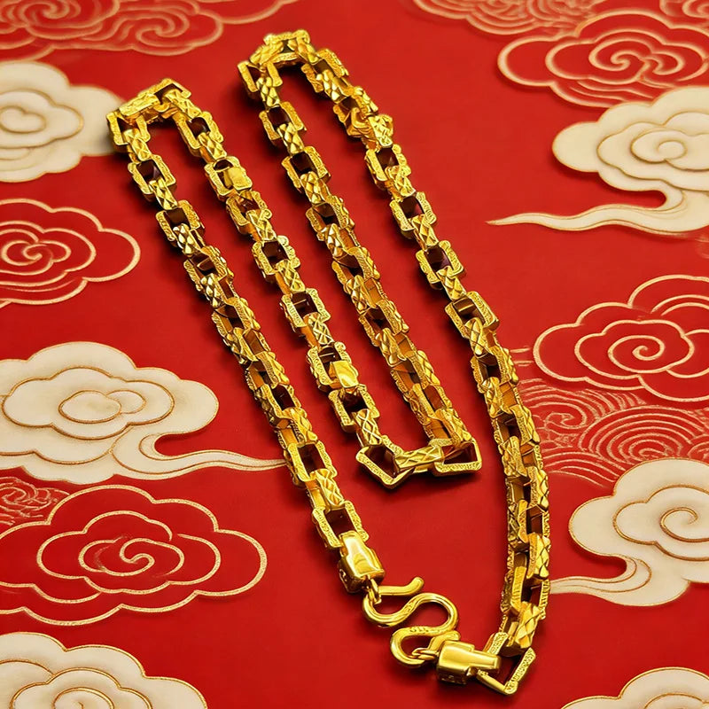 Luxury 9999 24K Solid gold fashionable starry Mika square knight chain jewelry single-row buckle men's necklace sweater chain