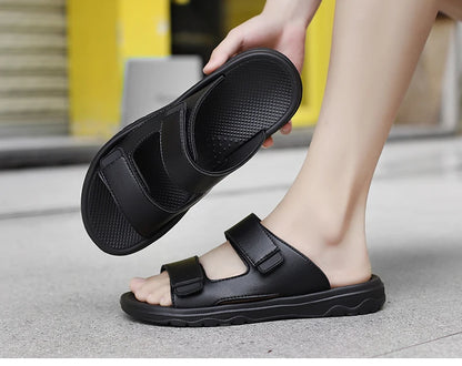 Mens Leather Slippers Comfortable Breathable Summer Big Size Sandals for Men with Soft Sole