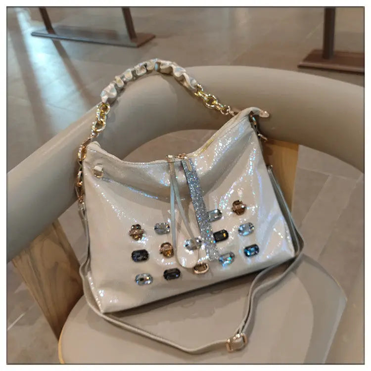 2026 New Fashion Diamonds Women Handbags Genuine Leather Tote Bag Large Capacity Work Commute Leisure Versatile Shoulder Bags