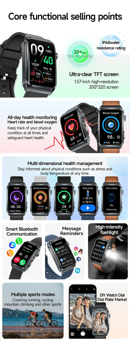 2025 New Nursing Grade ECG+PPG Pulse therapy Smartwatch Men Blood lipid Uric acid Bluetooth call Health Bracelet For Android iOS