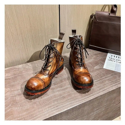 Fashion Cow Genuine Leather Motorcycle Boots Brogue Shoes Retro High Big Head Men's Mid-calf Chelsea Boots For Men Brown