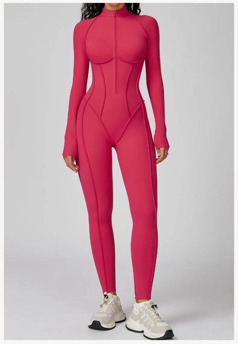 Women's New Sports Bodysuits Fitness Jumpsuit Slim Zipper Neck Sexy Splice Elasticity Jumpsuit Female Gym One Piece Sportswear