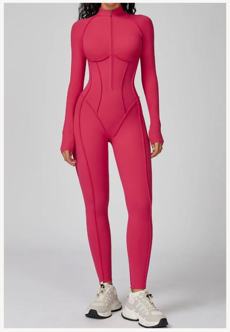 Women's New Sports Bodysuits Fitness Jumpsuit Slim Zipper Neck Sexy Splice Elasticity Jumpsuit Female Gym One Piece Sportswear