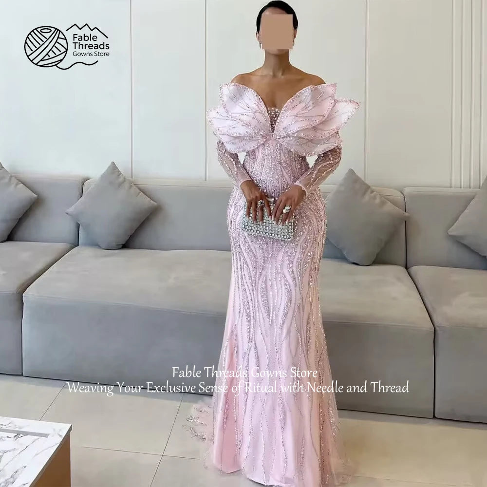 FableT Off Shoulder Long Sleeve Mermaid Evening Dress Beaded Tiered 3D Leaves Pink Women's Party Gowns Luxurious Long Prom Gown