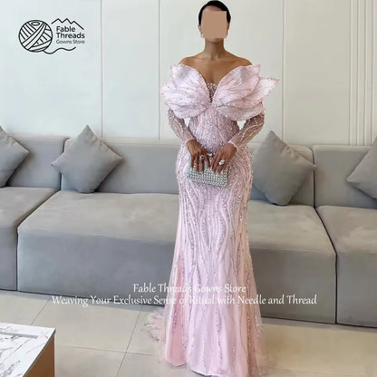 FableT Off Shoulder Long Sleeve Mermaid Evening Dress Beaded Tiered 3D Leaves Pink Women's Party Gowns Luxurious Long Prom Gown