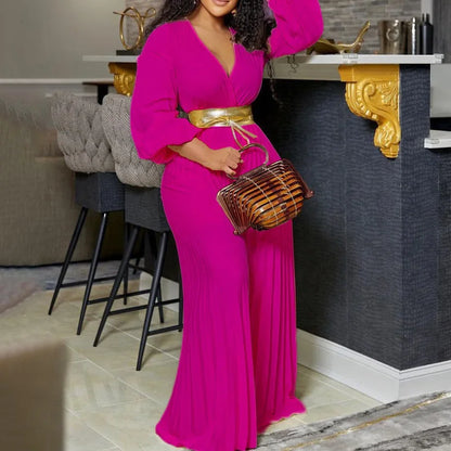 Elegant Pleated Jumpsuits & Rompers Full Sleeve V Neck High Waisted Fashion Ladies Birthday Party Dinner Outfits Overalls Cloth
