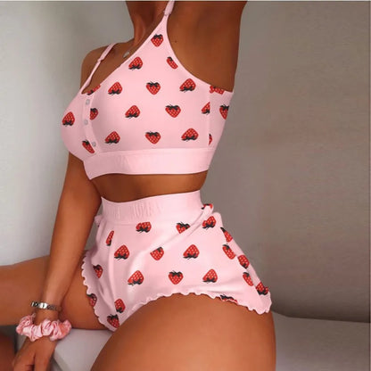 Summer Pajama Sets for Women Sleepwear Strawberry Printed Lace Sling Crop Tops and Shorts 2-Piece Set Loungewear Pijamas