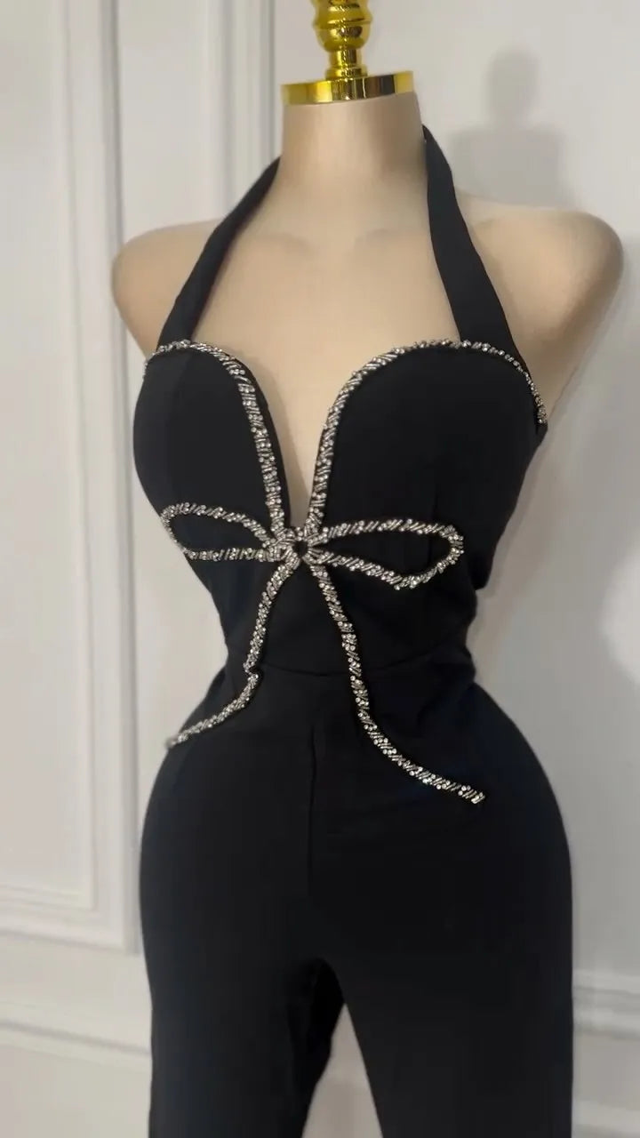 HBLL Womens Halter Neck Bow Tie Crystal Long Pants Jumpsuits Rompers Elegant Sleeveless Sequins Party Jumpsuits Overalls 2026
