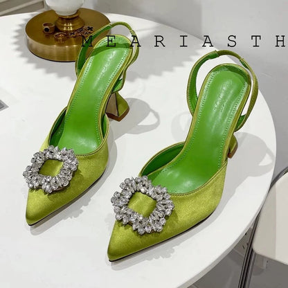 Brand Silk Women Pumps Luxury Crystal Slingback High Heels Summer Bride Shoes Comfortable triangle Heeled Party Wedding Shoes
