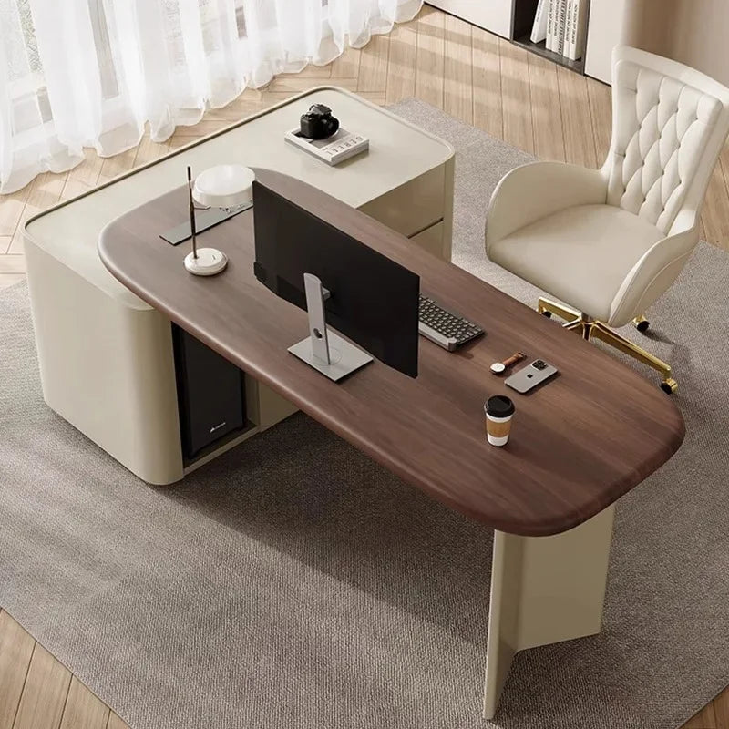 French cream wind book table and chair combination retro walnut solid wood with cabinet light luxury computer desk medical beaut