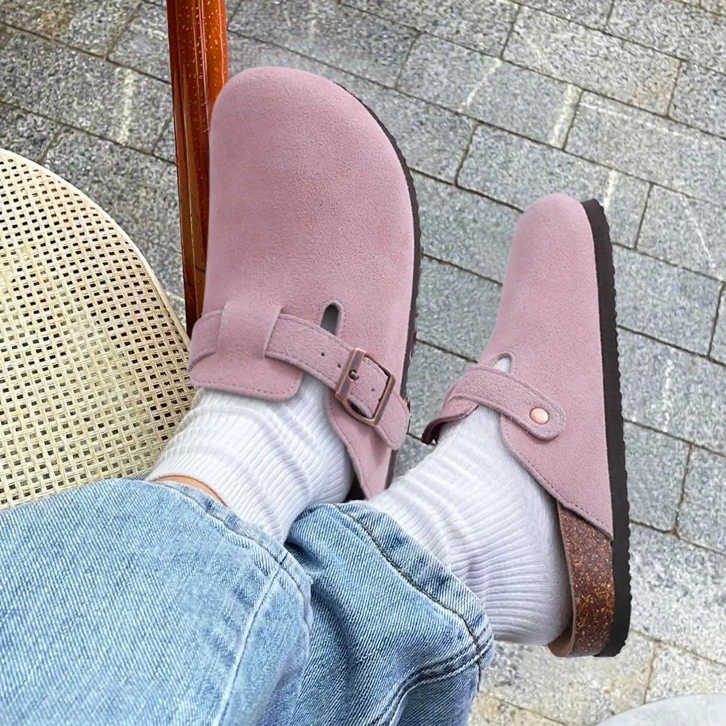 Crestar Women's Clogs Mules Cork Clogs Slippers Men Outdoor Mules Suede Clogs Shoes with Arch Support Mule Leather Clogs Sandal