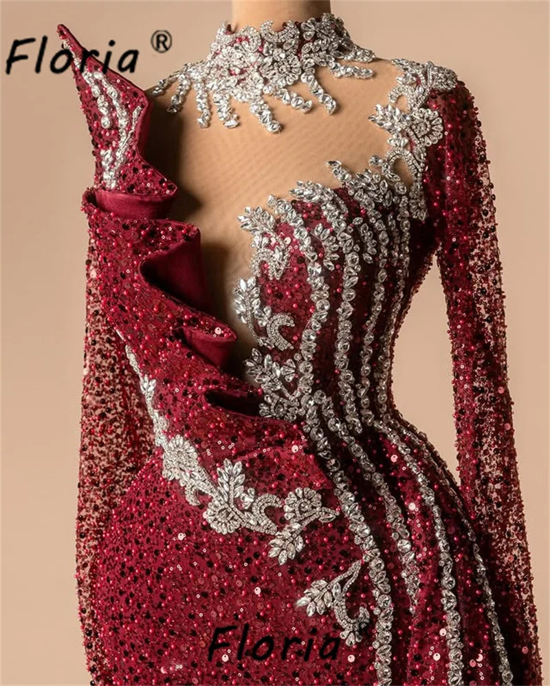 Dubai Burgundy Beaded Mermaid Evening Dresses Stunning Sequin Crystals Wedding Party Gowns Woman Customized Vestidos de noche