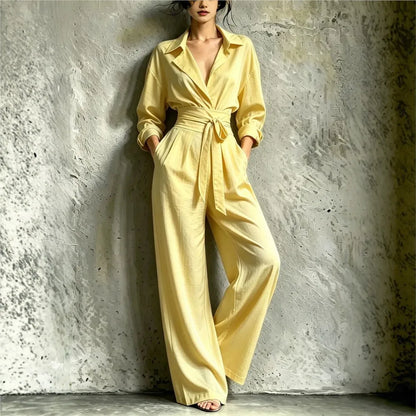 Fashion Lapel Shirt Long Sleeve Women's Jumpsuit Autumn Slim Waist Tie Loose Wide Leg Pants Pocket Female Office Rompers 2026