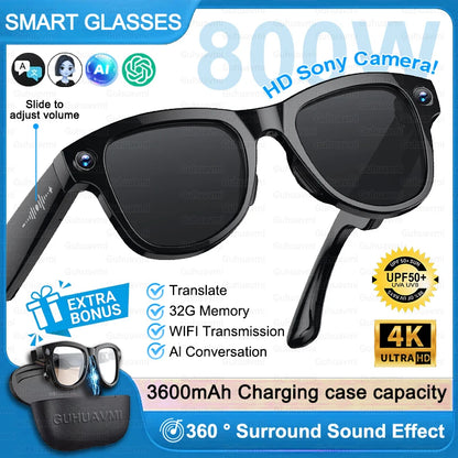 Smart Glasses M02 Ultra 2026 AI ChatGPT 1080P HD Camera 3600mAh Power Bank Charging Case 32GB Music Video Translation Sunglasses
