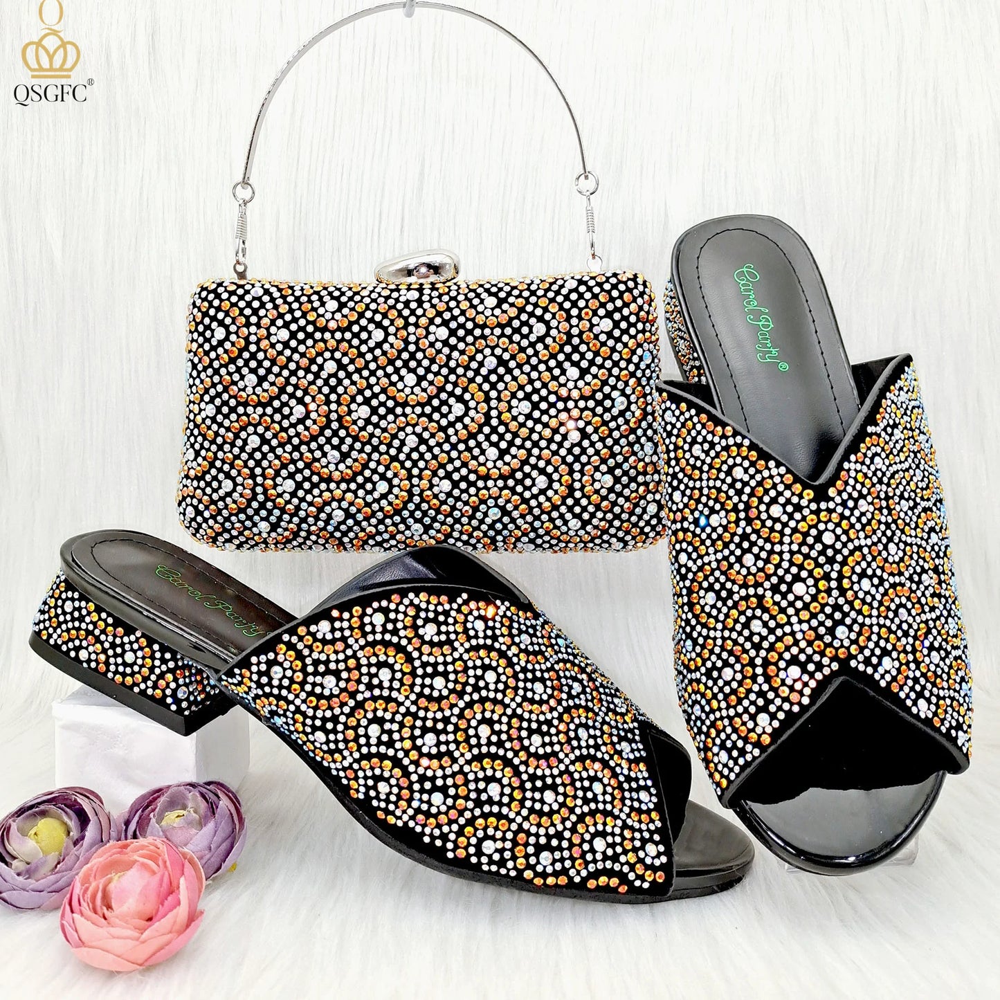QSGFC Italian Design Fashion Crystal Sandals Nigeria Africa Popular High Heel Shoe Bag Set Casual Versatile Fish Mouth Shoes