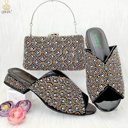 QSGFC Italian Design Fashion Crystal Sandals Nigeria Africa Popular High Heel Shoe Bag Set Casual Versatile Fish Mouth Shoes