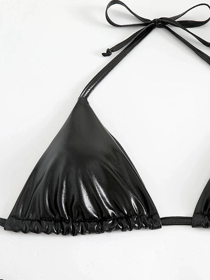 Sexy Metallic Halter Bikinis Sets Lace Up Triangle Tie Side Bikini 2026 Swimsuit Women Swimwear Brazilian Female Bathing Suits