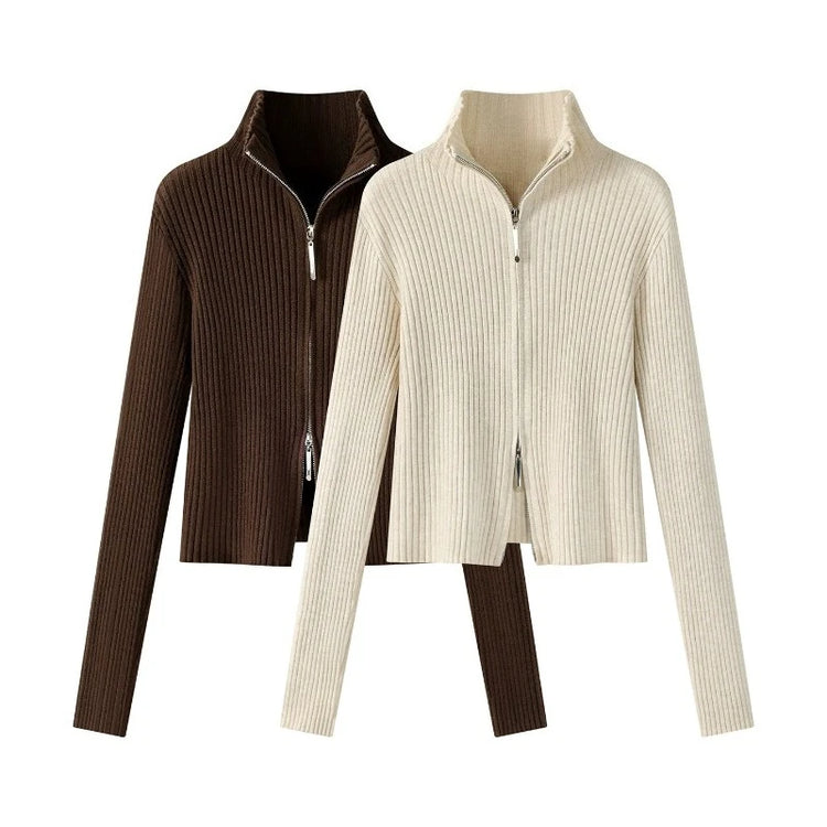 2026 Women's Autumn Winter Knit Cardigan Versatile Office Slim Flattering Cropped Zip-Up Sweater Korean Long Sleeve Outerwear