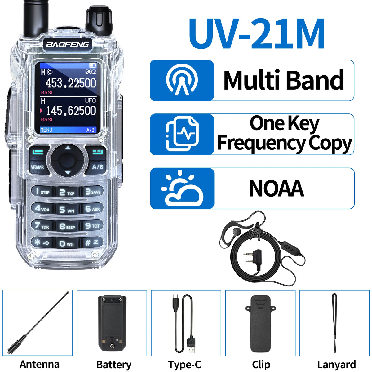BAOFENG UV 21M Auto Frequency Copy Walkie Talkie Ultra Long Range High Power Multi-Band Type-C Charger Portable Ham Radio