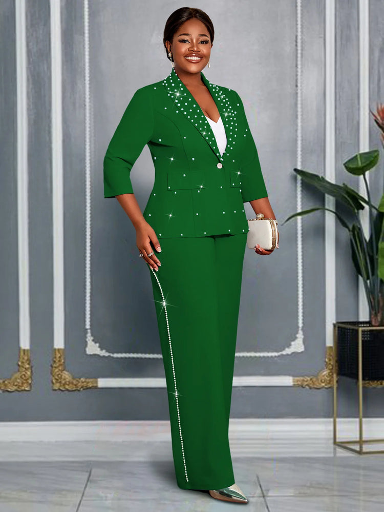 Plus Size Women's Green Beaded Blazer Suit Three-quarter Sleeve Top + Wide-leg Pants Elegant Two-piece Set Casual Y2K Two Piece