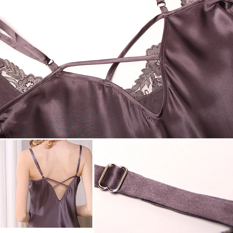 100% Silk Pajamas for Women Spring Summer Cami Nightgown & Robe Two-Piece Set Loungewear Silk Bathrobe Sleepwear