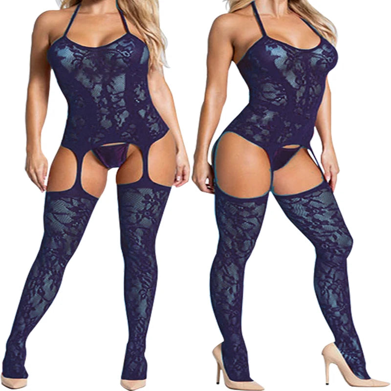 Sexy Backless Crotchless Jumpsuits For Women Fishnet Hollow Romper Erotic Outfits Hanging Neck Bodycon Jumpsuit Mesh Streetwear