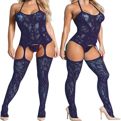 Sexy Backless Crotchless Jumpsuits For Women Fishnet Hollow Romper Erotic Outfits Hanging Neck Bodycon Jumpsuit Mesh Streetwear