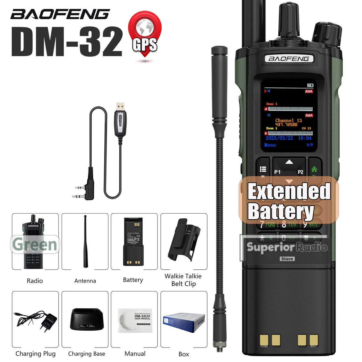 Baofeng DM-32 DMR Digital Walkie Talkie Upgraded Extended Battery High Capacity GPS APRS Dual Mode Analog Dual Time Slot  AM FM