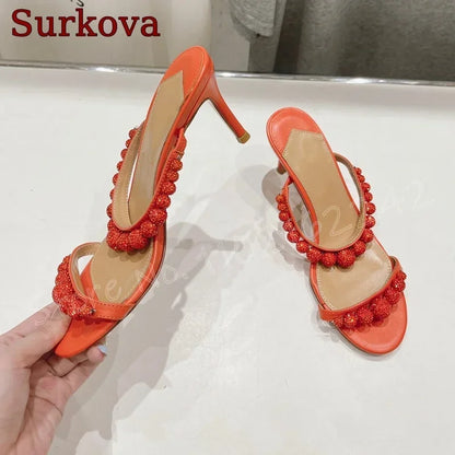 Green Pearl High Heel Slippers Open Toe Round Head Shallow Mouth Slippers Elegant Casual Luxury Dress Women'S Shoes Summer New