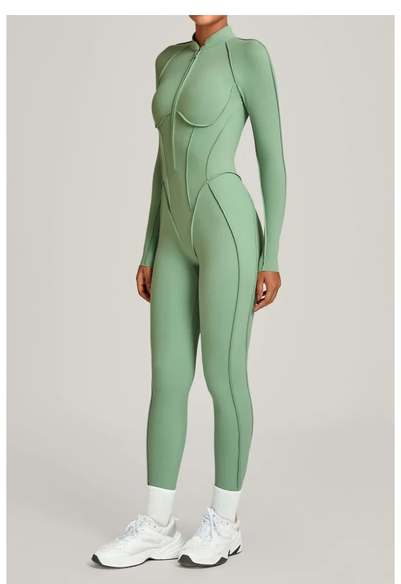 Women's Winter Yoga Jumpsuits Sports Fitness Hip-Lifting Slimming One-piece Zipper Long-Sleeved Outdoor Gym Workout Bodysuits