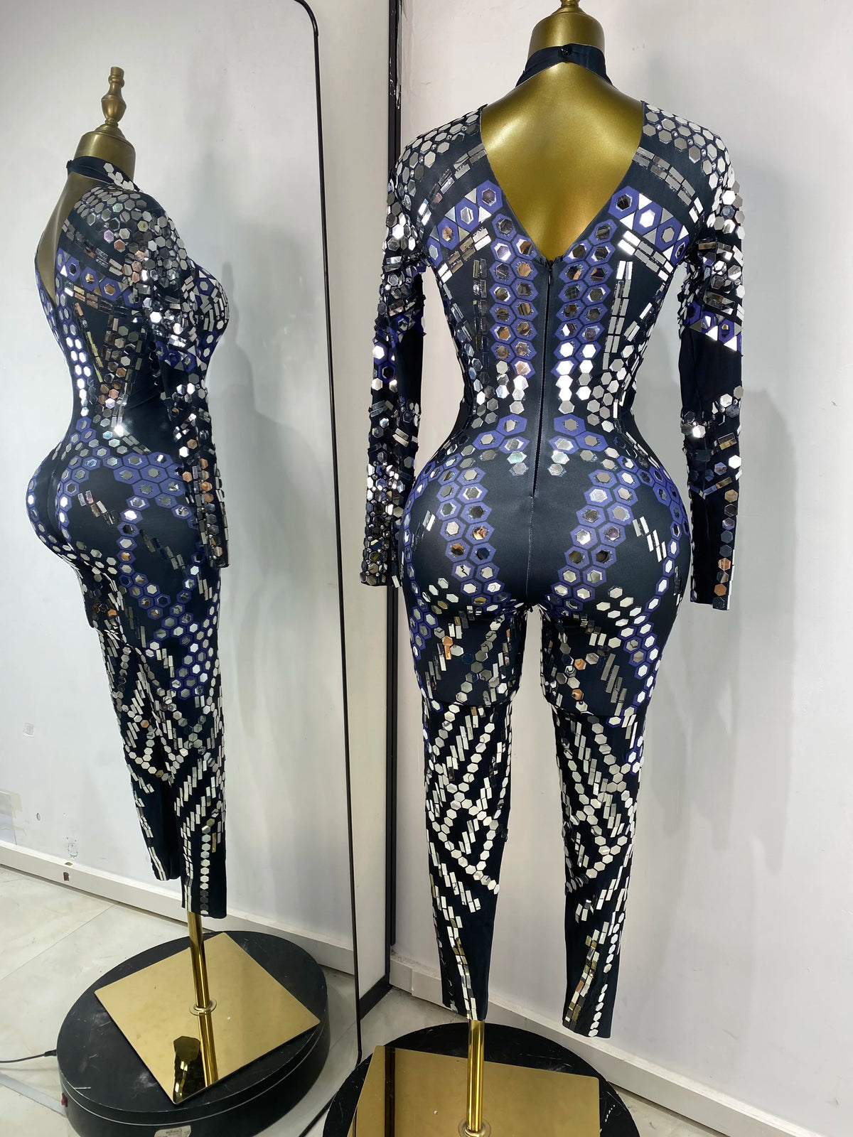 Women Special Occassion Cosplay Y2K Evening Party Jumpsuits Glitter Sequines Rhinestones Spandex Bodycon Jumpsuit Dress Costumes