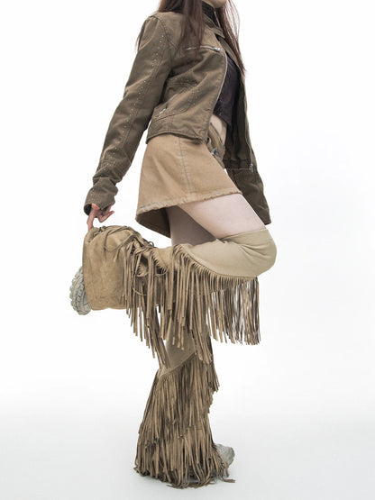 Suede Fabric Tassel Knitted Elastic Punk Vintage Flared Leg Warmers Woman Fashion Elegant Gothic Leg Sleeve