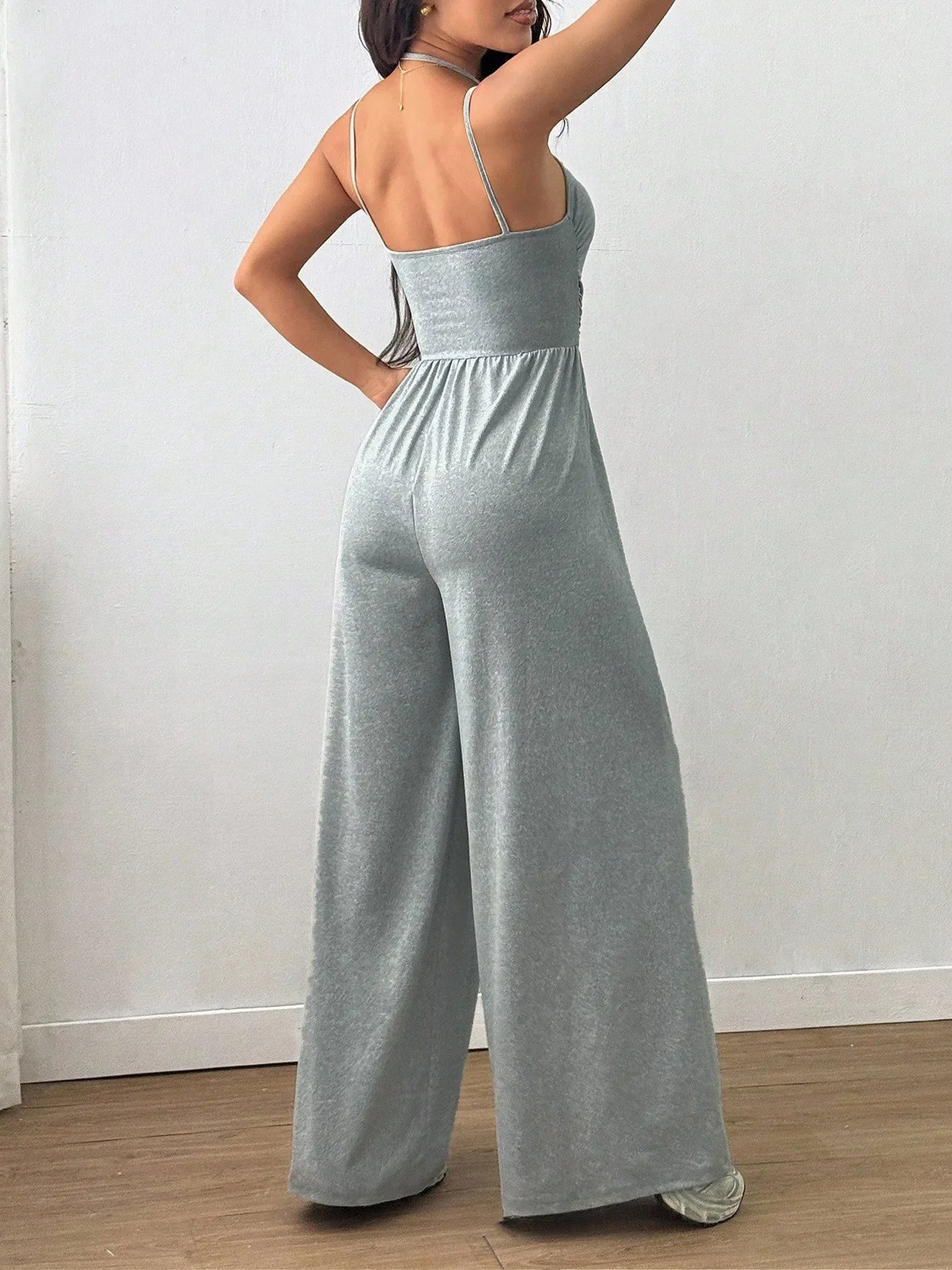 Women Halter Spaghetti Strap Jumpsuits Summer Casual Elastic High Waist Backless Wide Leg Long Pants Romper Club Party Overalls