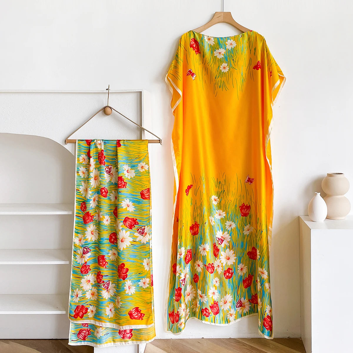 2025 New African Fashion Short Sleeve Colored Pattern Dubai Women Summer Real Silk Soft Printing Loose Tradition Muslim Dress