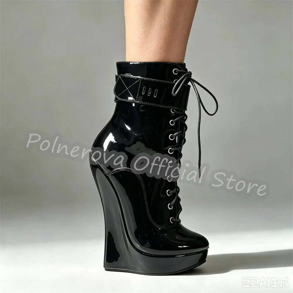 Gothic Punk Wedges Lace-Up Women Platform Boots Hoof Design Super High Heel Side Zipper Boots Unisex Pole Dance Party Shoes