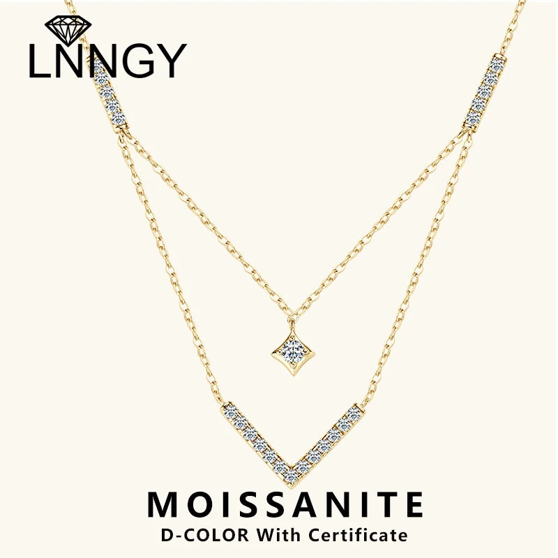 Lnngy Sparkling 3mm&1.8mm Round Moissanite Necklace 925 Sterling Silver Fashion V-Shape Necklaces for Women Fine Jewelry Gift