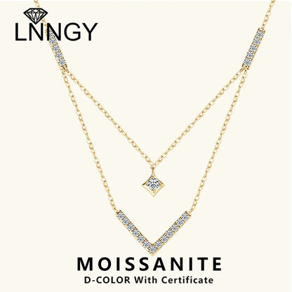 Lnngy Sparkling 3mm&1.8mm Round Moissanite Necklace 925 Sterling Silver Fashion V-Shape Necklaces for Women Fine Jewelry Gift